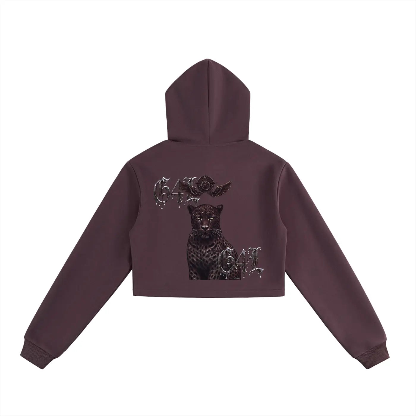 ODMPOD dark reddish purple cropped zip-up hoodie with black panther graphic on the back