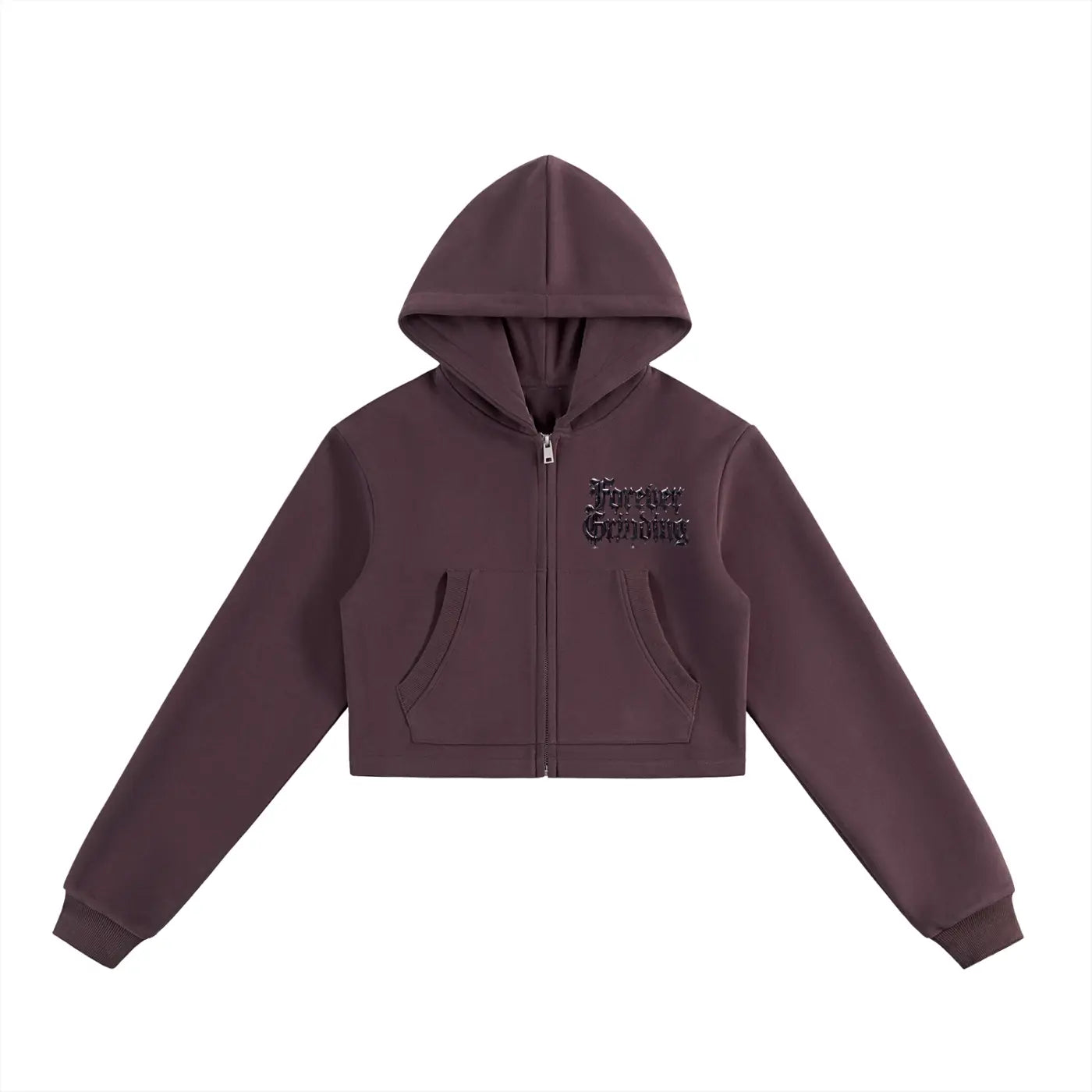 Dark reddish purple cropped zip-up hoodie with hood and front pockets by ODMPOD