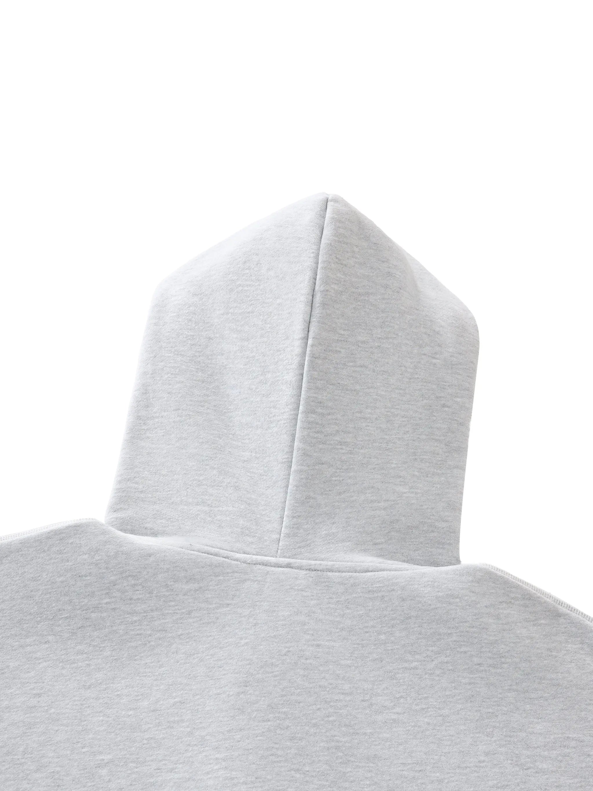 Back view of gray contrast stitch fleece zip hoodie showing hood and stitching details