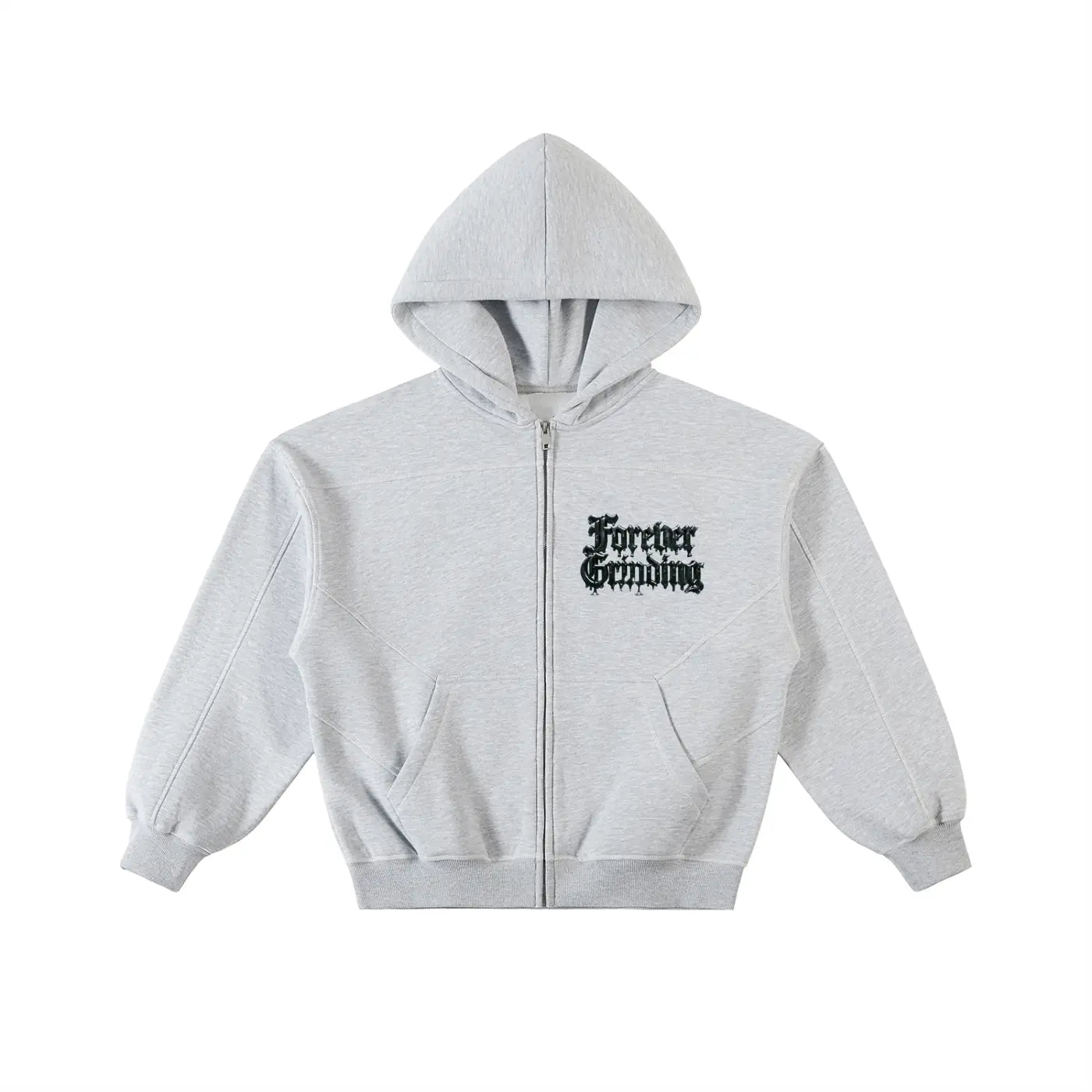 Gray contrast stitch fleece zip hoodie with front pockets and black graphic text on chest