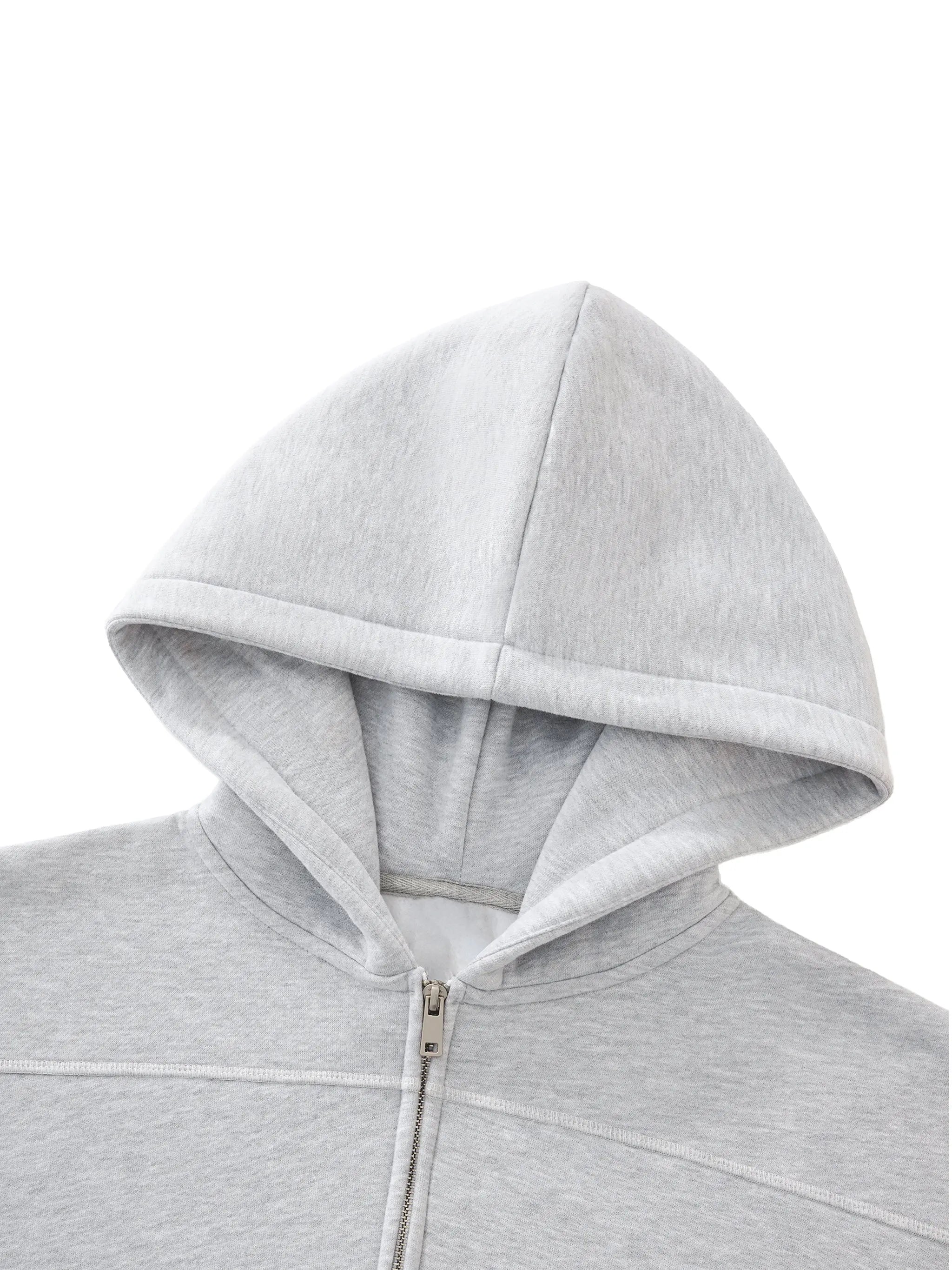 ODMPOD gray contrast stitch fleece zip hoodie close-up of hood and zipper detailing