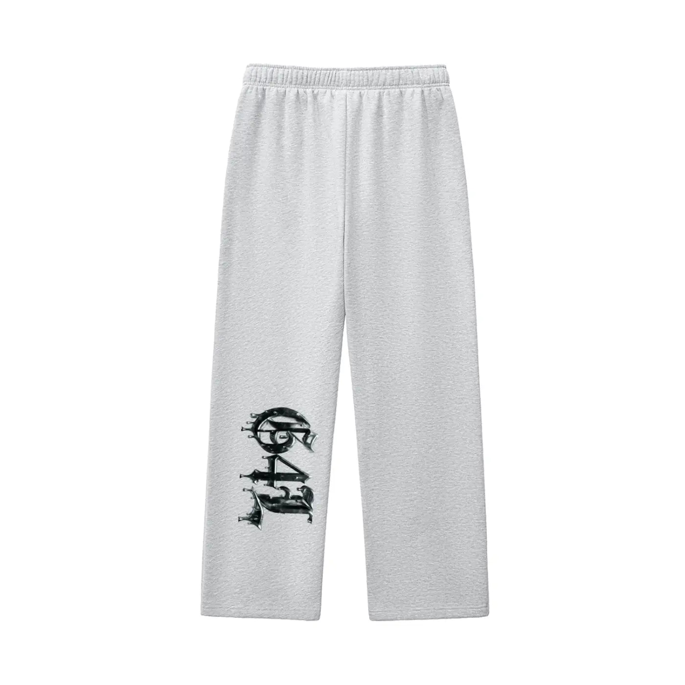 ODMPOD gray contrast stitch sweatpants with elastic waistband and graphic logo on left leg