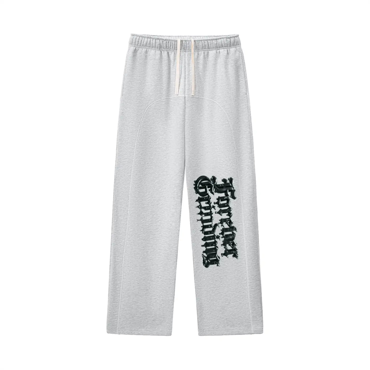 ODMPOD gray contrast stitch sweatpants with black graphic text and elastic waistband with drawstrings