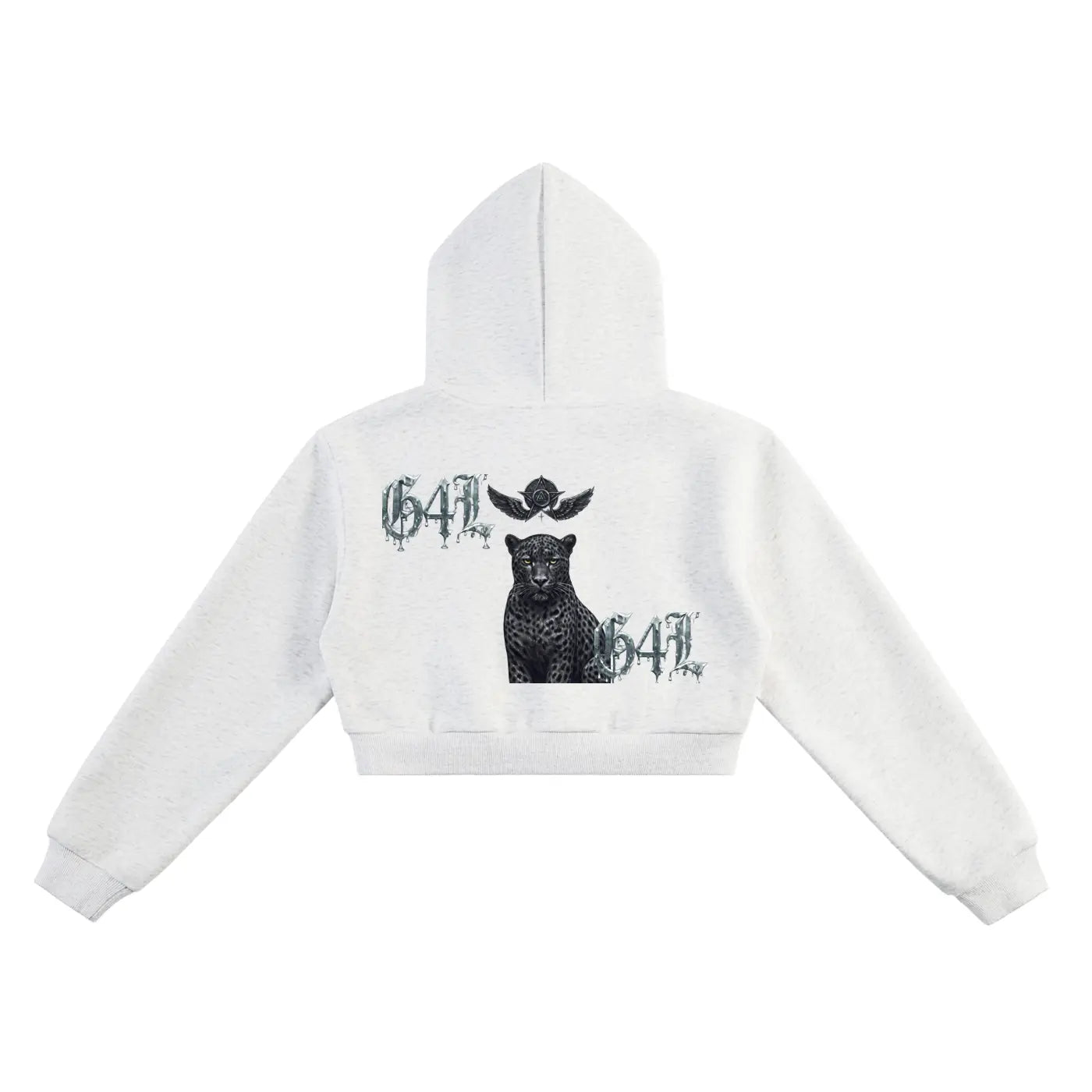 Gray cropped hoodie for women by ODMPOD featuring a black panther and 641 graphic design on the back