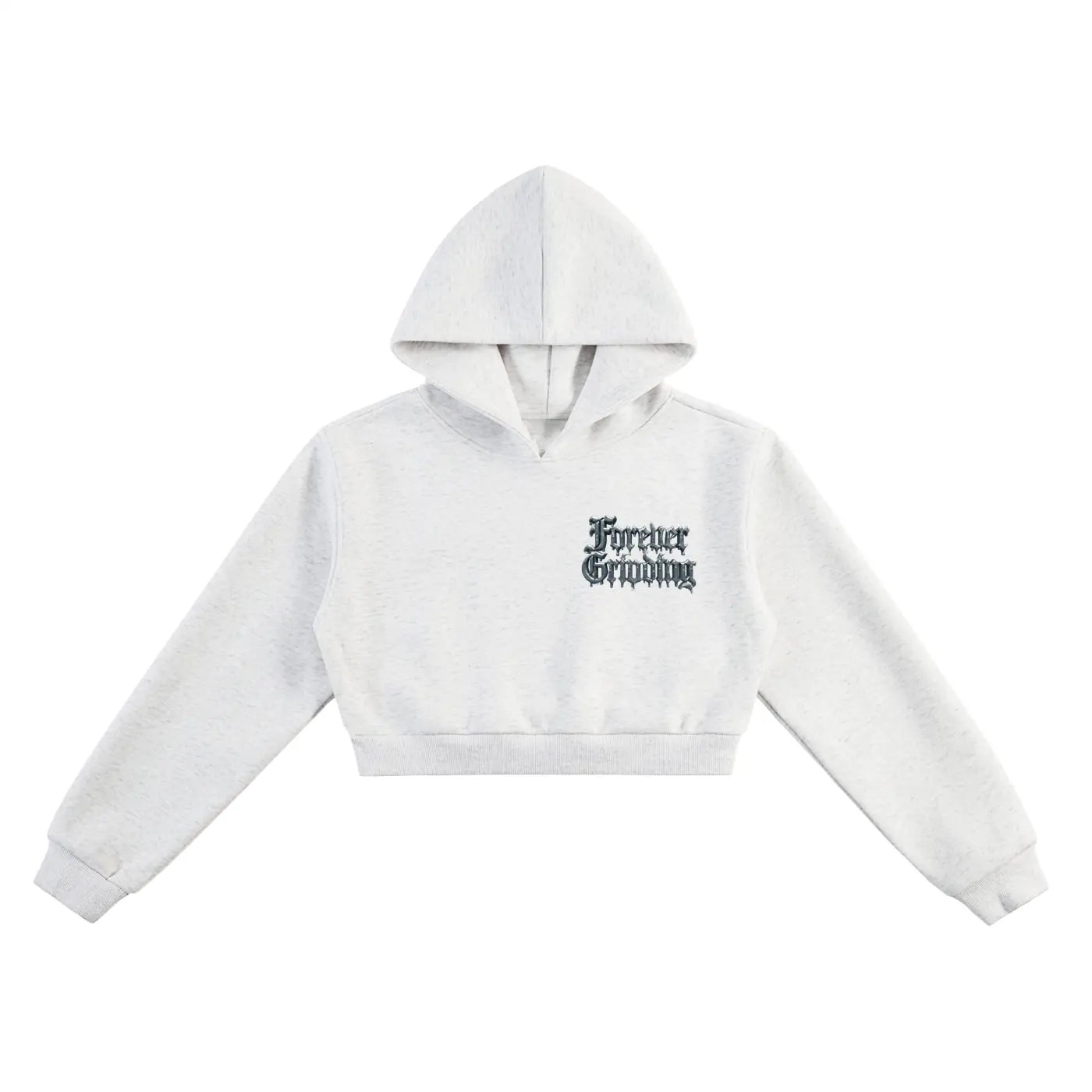 ODMPOD gray cropped hoodie for women with hood and Forever Gumption graphic on chest