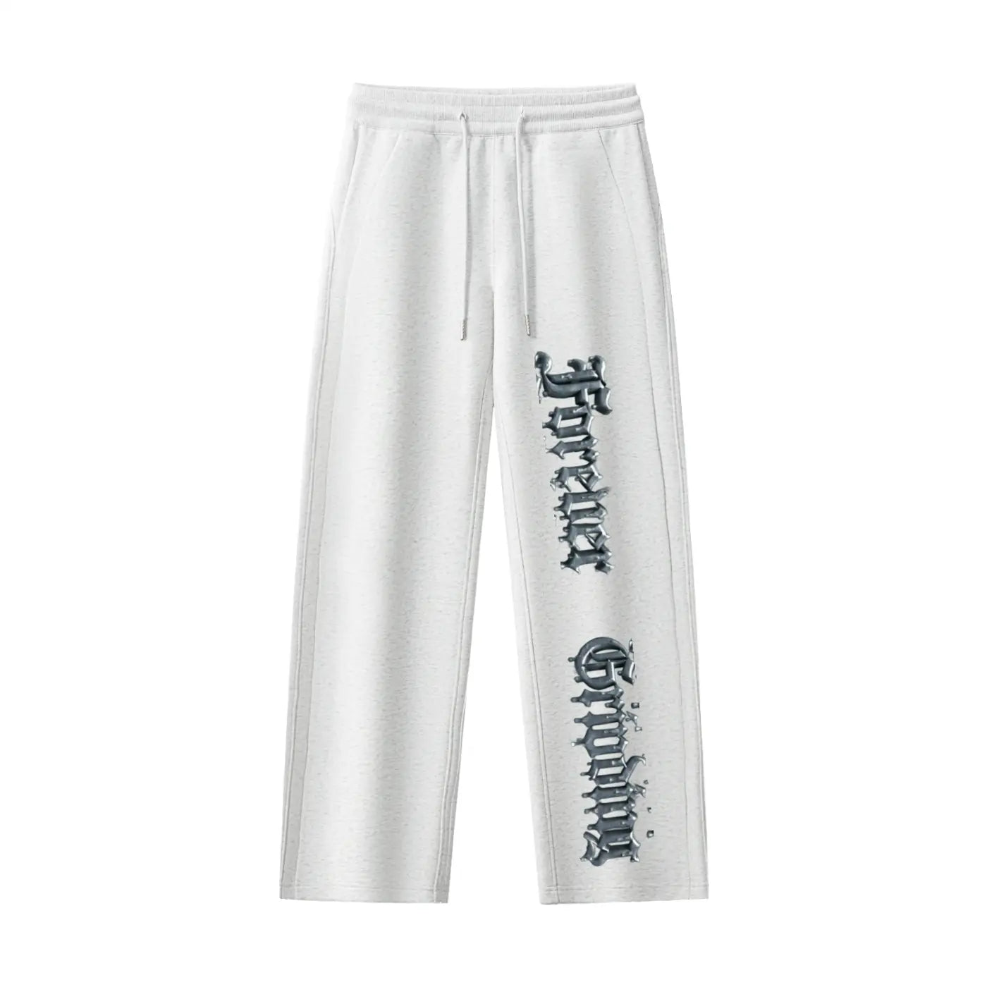 ODMPOD gray drawstring sweatpants for women with black graphic text on the leg