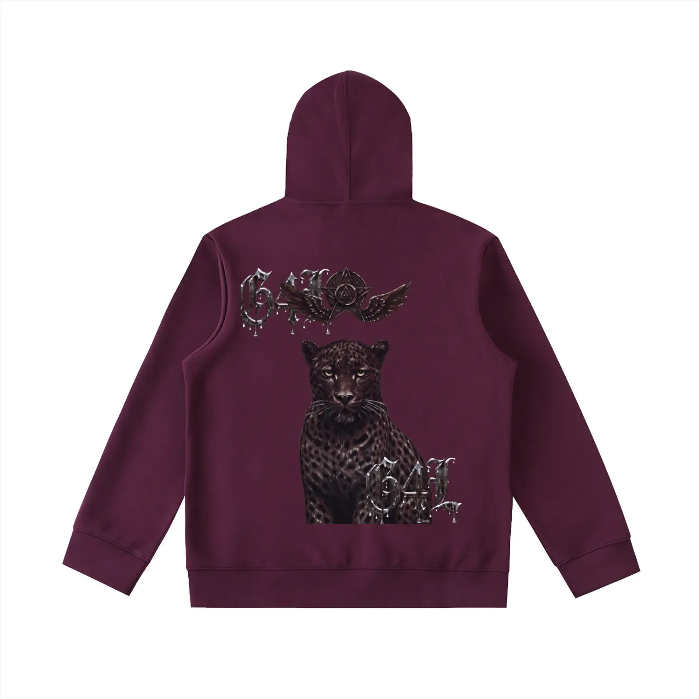 Plum purple heavyweight hoodie with black panther graphic and gothic text on back