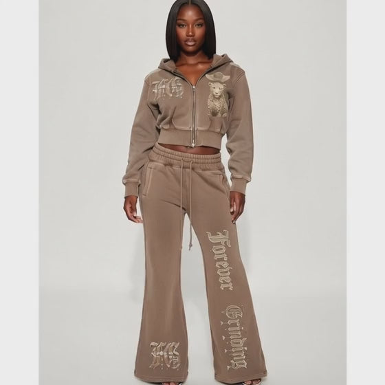 Coffee Brown Vintage Washed Flared Fleece Pants.