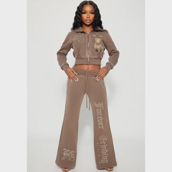 Coffee Brown Vintage Washed Flared Fleece Pants.